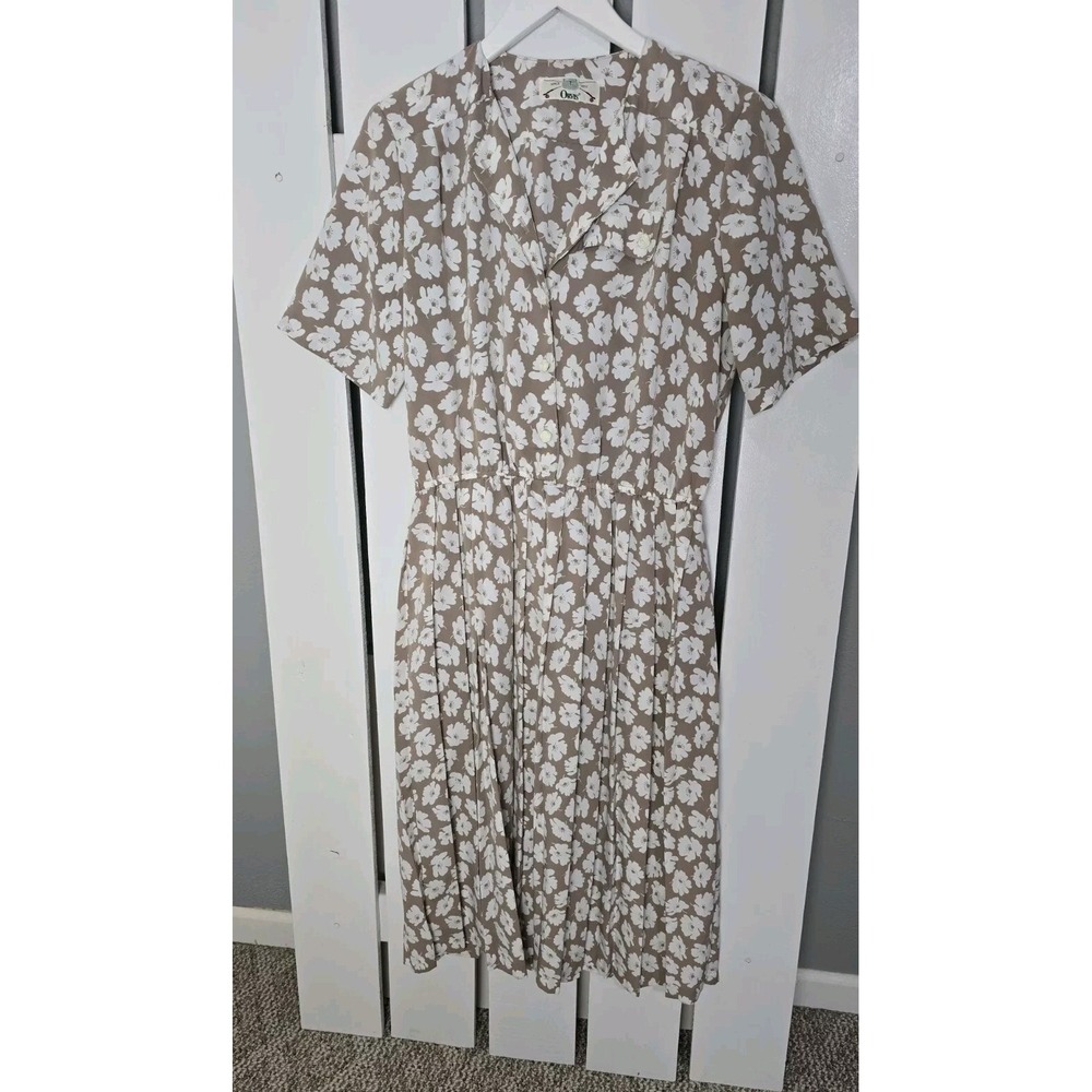 Vintage Orvis Womens Pleated Tan Floral Print Button Collared Midi Large Retro